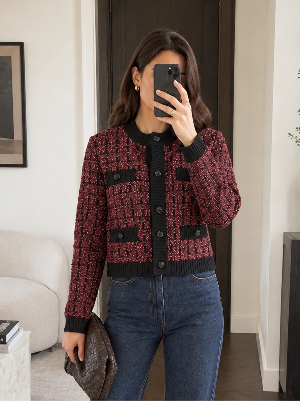 Karl Lagerfeld Paris Burgundy Black Metallic Tweed Cardigan Jacket Size L